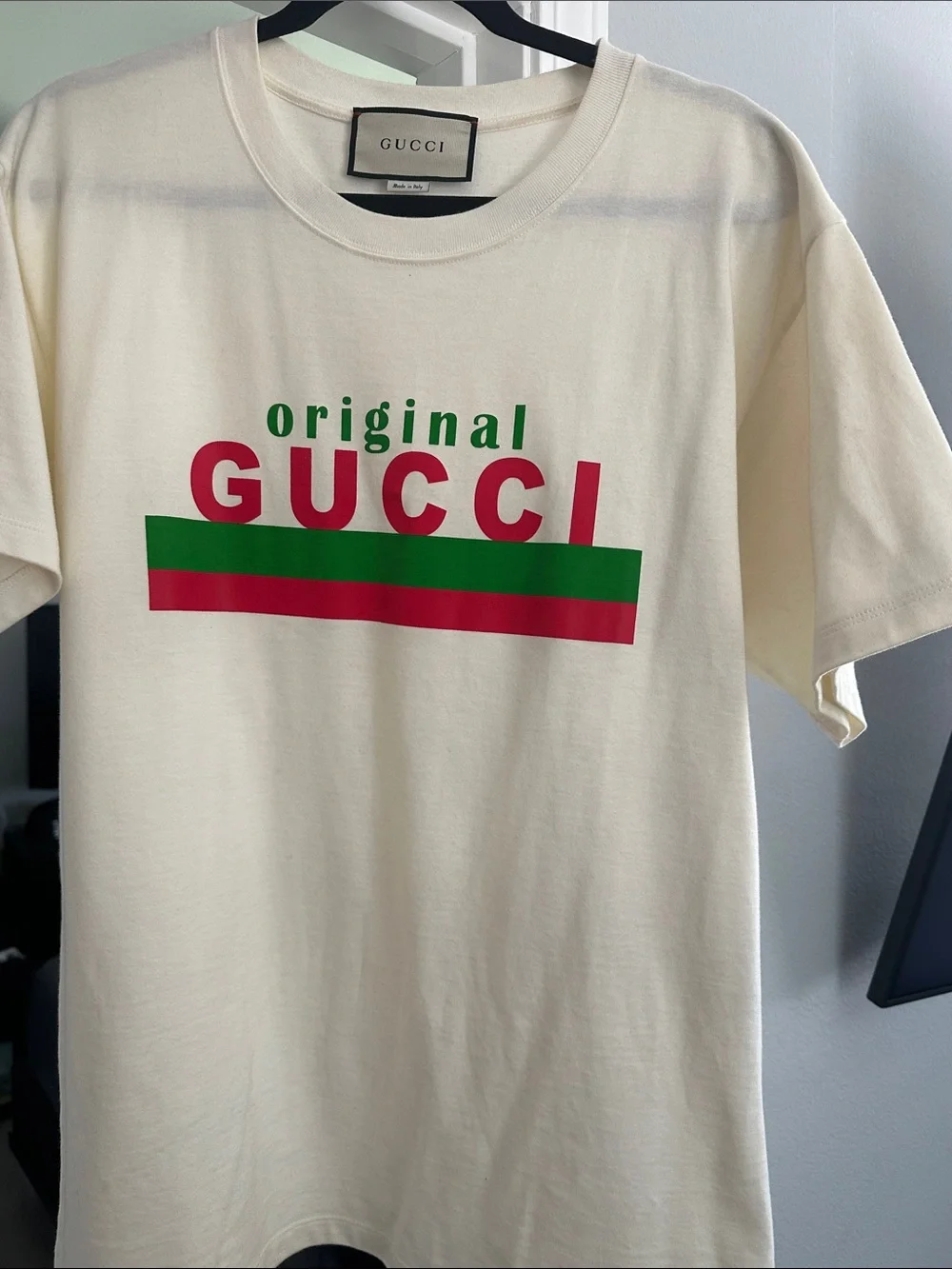 Gucci White Tee with Red & Green Logo Graphic